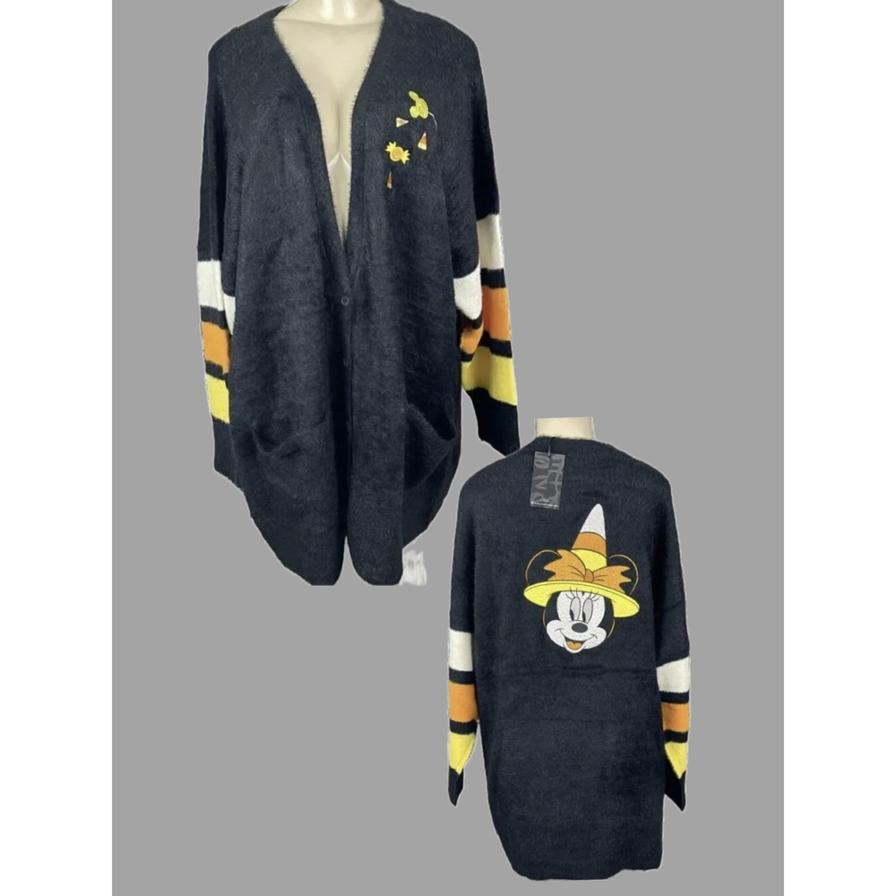 Disney 6X Black Minnie Mouse Chenille Cardigan Sweater Button Candy Corn Stripe